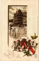 1900 Strasbourg, Strassburg; Altes Haus. Passepartoutkarte Art Nouveau, floral, Emb. litho with coat...