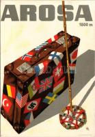 1936 Arosa. Swiss winter sport and ski art postcard, flags of Nazi Germany (swastika), United Kingdo...