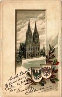 Köln, Cologne; Dom / cathedral. Passepartoutkarte Art Nouveau, floral, Emb. litho with coat of arms ...