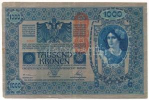 Ausztria 1919 (1902) 1000K, függőleges "DEUTSCHÖSTERREICH" felülbélyegzéssel, mindkét oldal német T:F Austria 1919 (1902) 1000 Kronen, with vertical "DEUTSCHÖSTERREICH" overprint, both sides in German C:F Krause P#58