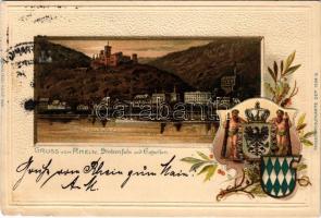 1900 Koblenz, Gruss vom Rhein. Stolzenfels und Capellen / castle. Passepartoutkarte Art Nouveau, flo...