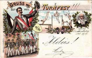 1898 Gruss vom Gut-Heil. Turnfest! Vater Jahn / German Gymnastics Festival advertisement art postcar...