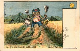 Die heimkehrende Sieger. Verlag Arno Pries (Leipzig) / The returning winner, sportman with cups. art...