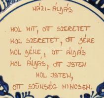 Népi kerámia házi áldás falidísz, d: 21,5 cm