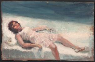 Vajk L. jelzéssel: Fekvő hölgy. Olaj, rétegelt falemez. Kissé sérült. 24×37,5 cm