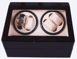 Elektromos óraforgató résszel felszerelt óratartó doboz 10 óra számára, ebből 4 hely automata óra számára, hozzá egy óra, jó állapotban, 32x23x17 cm