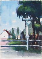 Hamza Tibor (1908-1967 v. 1972?): Eger, háttérben a Nagy-Eged hegy. Akvarell, papír, jelezve jobbra lent, hátoldalán özvegye igazolásával, 43,5×31 cm