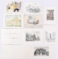 Klf. alkotók: Vegyes kisméretű rajz és sokszorosított grafika tétel, össz. 16 db (közte néhány kevés budapesti részlet rézkarc). Klf. technikák, papír, részben jelzett. Klf. méretekben