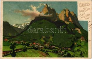 1901 Siusi allo Sciliar, Seis am Schlern (Südtirol); Gruss vom Hotel Salegg. litho (Rb)
