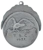 1937. "TSC (Tatabányai Sport Club) 1937" kétoldalas, ezüstözött kerékpáros díjérem "L...