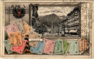 1908 Innsbruck (Tirol), street view. Carl Otto Hayd Philatelie-Ansichtskarte with set of Austrian (A...