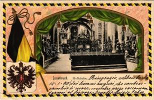 1908 Innsbruck (Tirol), Hofkirche / church interior. Art Nouveau, Emb. litho frame with Austrian coa...