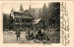 1904 Scharnstein, Jagdschloss Schrattenau bei Gmunden / hunting castle, hunting lodge with hunters. ...