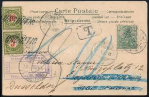 1900 Képeslap Bochum-ból Engelberg-be (Svájc) küldve, ott 15 Rappen-nel megportózva, majd Engelberg-en belül továbbküldve ( a Hotel National-ból a Königspatz-ra), végül visszaküldve, ezért a portóbélyegek a portó bélyegek "UNGÜLTIH" (Érvényeteln) bélyegzővel lebélyegezve