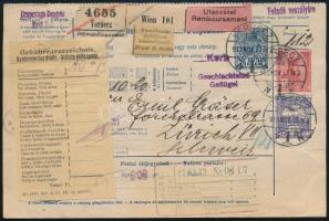 1913 november Utánvétes Csomagszállító, de vámmentes csomaghoz Turul 12f + 1K frankatúrával "VERSECZ" - Zürich (Svájc)