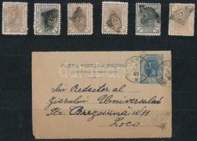 Románia 6 db bélyeg és 1 db zárt levelezőlap az 1900 körüli időszakból számozott postakürt bélyegzéssel, melyet a bukaresti kézbesítők használtak (foghibák / perf. faults)