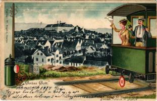 1904 Stainz (Steiermark), Grüss Gott. Man and lady on a train, locomotive. W. Rigold Art Nouveau, Em...