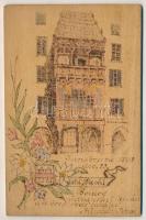 1898 Innsbruck (Tirol), Gold. Dachl / thick wooden postcard, engraving. Art Nouveau, floral with coa...