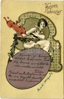 1903 Boldog Húsvéti Ünnepeket! / Art Nouveau Easter greeting art postcard. litho (vágott / cut)