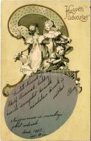 1903 Boldog Húsvéti Ünnepeket! / Art Nouveau Easter greeting art postcard. litho (lyukak / pinholes