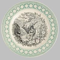 cca 1900 Villeroy &amp; Boch tál életkép jelenettel, jelzett, hibátlan, mázrepedéssel, d: 19,5 cm