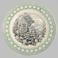 cca 1900 Villeroy &amp; Boch tál életkép jelenettel, jelzett, hibátlan, mázrepedéssel, d: 19,5 cm