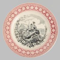 cca 1900 Villeroy &amp; Boch tál életkép jelenettel, jelzett, hibátlan, mázrepedéssel, d: 19,5 cm