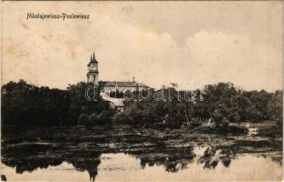 1916 Panevezys, Poniewiesz, Poniewiez, Nikolajewiesz; general view with church + "Masch.-Gew.-Z...