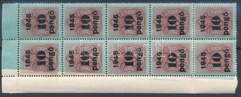 1945 Kisegítő portó 10P/3f ívszéli 10-es tömb hiányos kék alapnyomattal