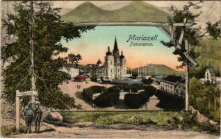 1913 Mariazell (Steiermark), Panorama / pilgrimage church. Art Nouveau frame with hikers (wet corner...