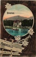 Mariazell (Steiermark), Erlaufsee / lake. Art Nouveau frame with Edelweiss flowers (Rb)