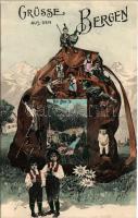 1907 Bad Gastein, Grüsse aus den Bergen. Art Nouveau montage with hiker's backpack, folklore (E...