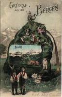 1907 Nassfeld, Naßfeld; Grüsse aus den Bergen. Art Nouveau montage with hiker's backpack, folkl...