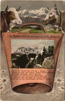 Der Schoberstein mit den 5 Spitzen, 1278 m., Nordwand. Art Nouveau montage with cows and cowbell, Ed...