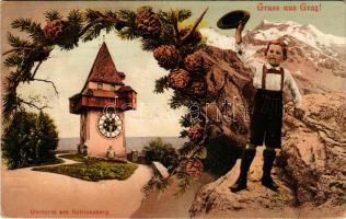 1909 Graz (Steiermark), Uhrturm am Schlossberg / clock tower. Art Nouveau montage wth hiking boy and...