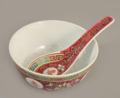 Jelzett kínai leveses csésze kanállal, hibátlan, d: 11,5 cm
