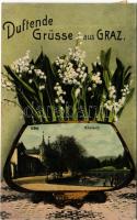 1907 Graz (Steiermark), Duftende Grüsse aus Graz. Hilmteich / lake, rowing boats. Blumenserie No. 1....