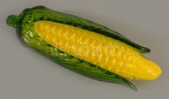 Színezett üveg kukorica asztaldísz, hibátlan, h: 15 cm