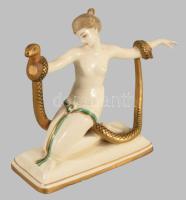 cca 1920 Art deco hölgy kígyóval figura, keze sérült, restaurált, jelzett, 13x10 cm
