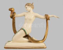 cca 1920 Art deco hölgy kígyóval figura, keze sérült, restaurált, jelzett, 13x10 cm