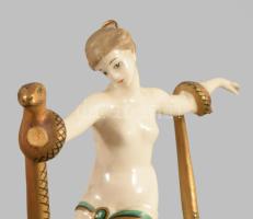 cca 1920 Art deco hölgy kígyóval figura, keze sérült, restaurált, jelzett, 13x10 cm
