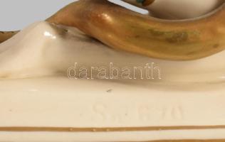 cca 1920 Art deco hölgy kígyóval figura, keze sérült, restaurált, jelzett, 13x10 cm