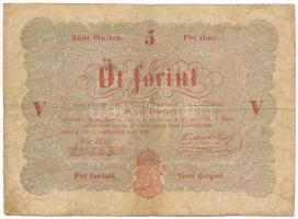 1848. 5Ft vörösesbarna nyomat "JDl. 627233" "Kossuth bankó" T:F,VG Adamo G109