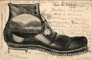 1907 Schliersee. Hugo Radeck Kunstverl. Anst. Art Nouveau montage with boot (EK)