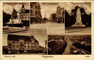 1937 Nagykanizsa, 48-as gyalogezred hősök emlékműve, Fő út, városháza, Grünfeld üzlete, kávéház, automobil, irredenta szobor, Központi szálloda, látkép (EK)