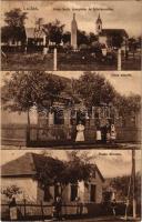 1933 Ludas, Római katolikus templom és a Hősök szobra, utcakép, hentes üzlet és kereskedés, Posta hivatal (fl)