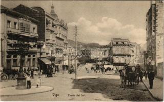 1910 Vigo, Puerto del Sol / street view, horse-drawn carriages, shops (EB)