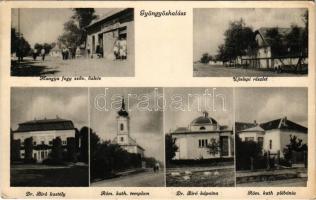 1933 Gyöngyöshalász, Gyöngyös-Halász; Hangya üzlete, Újtelepi részlet, Dr Bíró kastély és kápolna, római katolikus templom és plébánia. Hangya kiadása