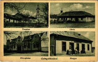 1943 Gyöngyöshalász, Gyöngyös-Halász; Templom, iskola, községháza, Hangya üzlete és saját kiadása (EB)