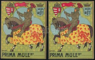 cca 1880-1900 Prima Mule No Haidenschafti cs. és kir. szab. fonalgyári Rt. színes litografált címkéi, 2 db, rajta koronás nemzeti kiscímerrel, 13x10 cmx2